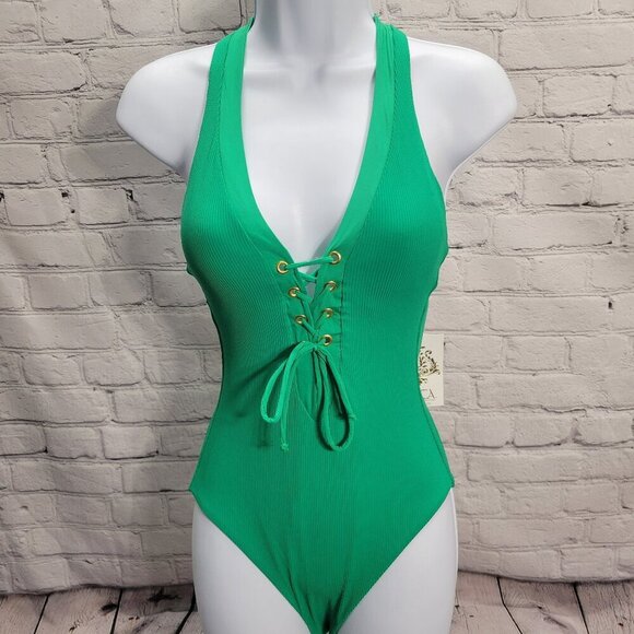 BECCA Modern Edge Rib Plunge One Piece Women's Swimsuits - Picture 1 of 8